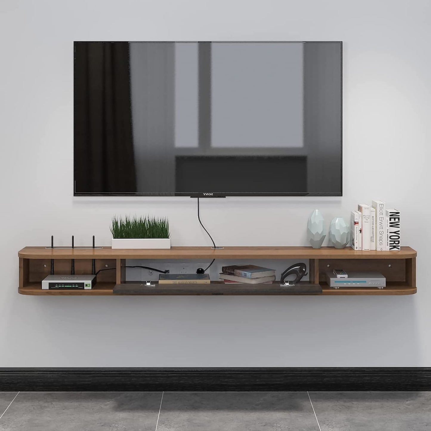 Pmnianhua Floating TV Stand, Wall Mounted TV Cabinet, Floating Shelves with Door, Modern Entertainment Media Console, Large Storage Space, TV Bench for Living Room and Office (120 cm, Dark Brown)