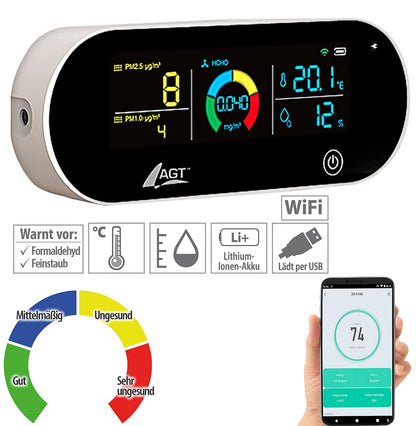 AGT indoor air quality monitor: 5-in-1 rechargeable air quality tester, HCHO, PM1/2.5, temperature, and more, app (air measurement, particle counter, health).