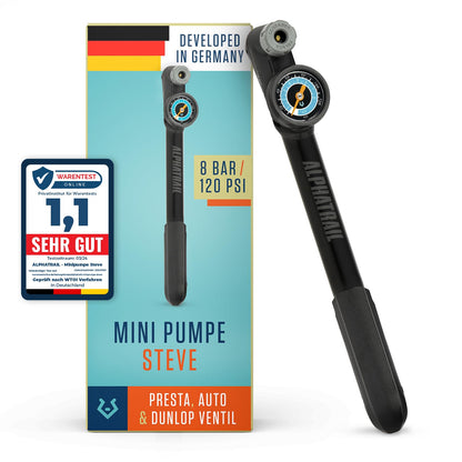 Alphatrail Minipump Steve - Suitable for all valves 8.3 Bar / 120 PSI max pressure I Large round gauge (Ø32mm) I Ergonomic T-handle I Pump for French, Schrader & Dunlop valves