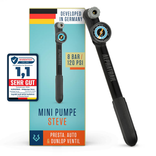 Alphatrail Minipump Steve - Suitable for all valves 8.3 Bar / 120 PSI max pressure I Large round gauge (Ø32mm) I Ergonomic T-handle I Pump for French, Schrader & Dunlop valves