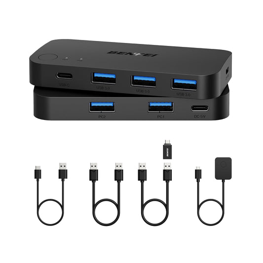 BENFEI USB 3.0 Switch, USB switcher 2 computers with 1x USB C port and 3x USB A ports, 2 in 4 out USB 3.0 switcher with desktop controller, USB KVM switch selector compatible with Windows Mac Linux.