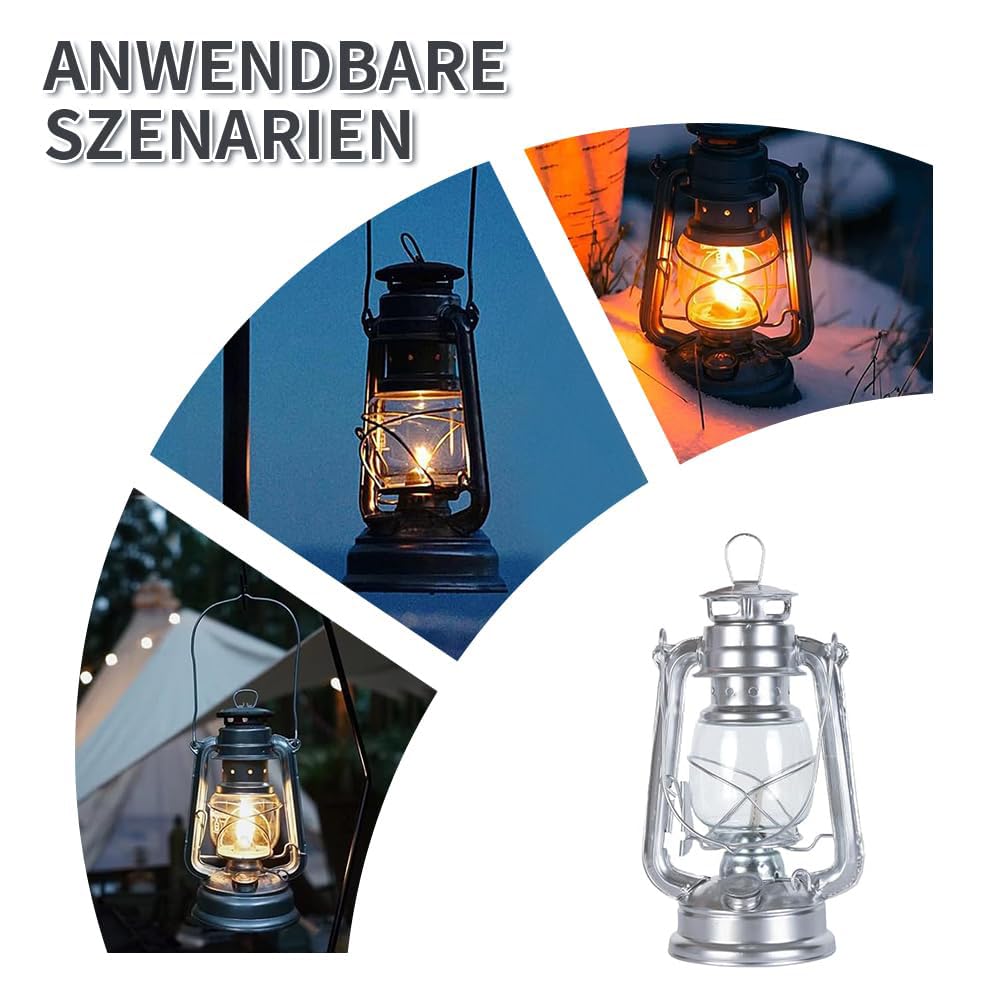 Outdoor kerosene lamp, retro storm lantern, suitable for indoor use, home, garden, camping, 25cm (silver)