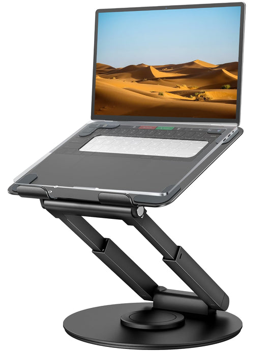 Adjustable height laptop stand with 360° swivel base, ergonomic design, ideal for standing desks. Compatible with MacBook Pro and laptops 10-17 inches. Black color.