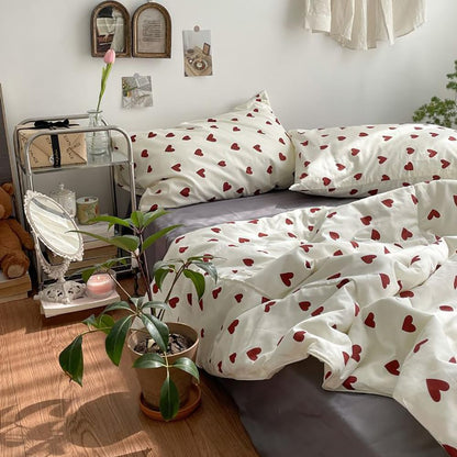 Nayoroom bedding 135x200 White with Red Hearts Duvet Cover 2-piece Microfiber Red White Hearts Bedding Set and Pillowcase 80x80 cm with zipper