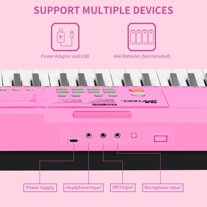 24HOCL Electric Pianos 61 Lighted Keys, Musical Digital Piano Keyboards 200 Rhythms LCD Screen for Kids Beginners Lighted Keys_2 Pink