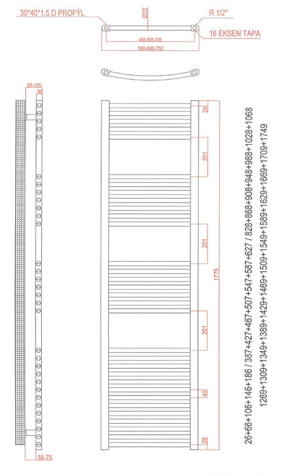 anapont electric bathroom radiator - straight - chrome - timer function - towel radiator - electric bathroom heating - towel heating - Made in Germany (KTX 3, 1775h x 500w)