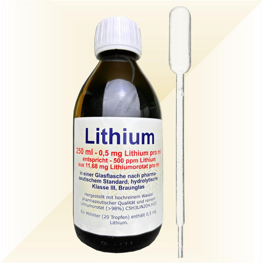 Ittermann Lithium, 1 ml contains 0.5 mg Lithium = 500 ppm, 250 ml ready-to-use solution made from highly purified water (pharmaceutical grade) and pure Lithium orotate (purity: > 98%, current batch: 99.9%)