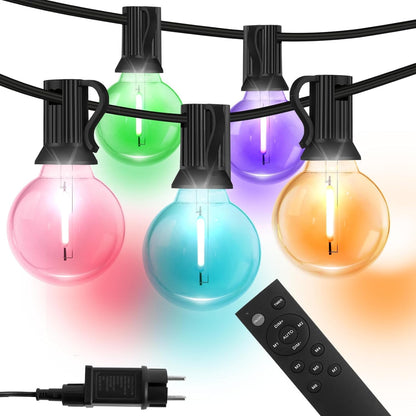 HOUHUI Outdoor String Lights 15M, RGBW with Remote Control, G40 Dimmable LED Hanging Lights Color Changing, Waterproof Christmas Lights for Weddings, Parties, 25+2 G40 Bulbs