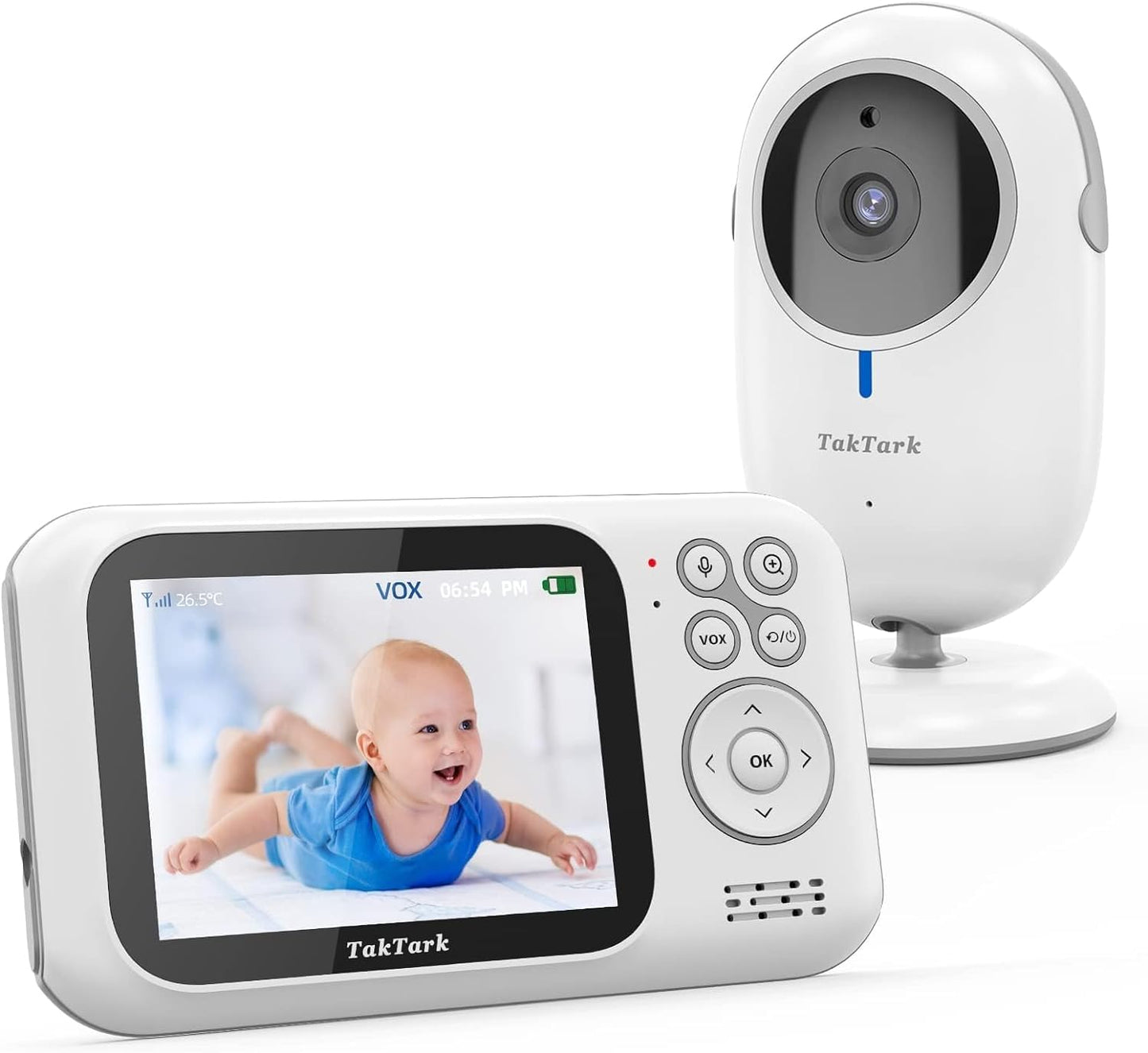 TakTark video baby monitor with camera, 3.2'' screen, zoom, VOX function, 2-way talk, night vision, temperature monitoring.