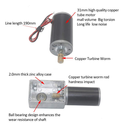 24V 80RPM DC worm gear motor 13kg.cm 31mm high torque self-locking motor reversed mini turbine gear motor for DIY robot turntable door lock curtain machine