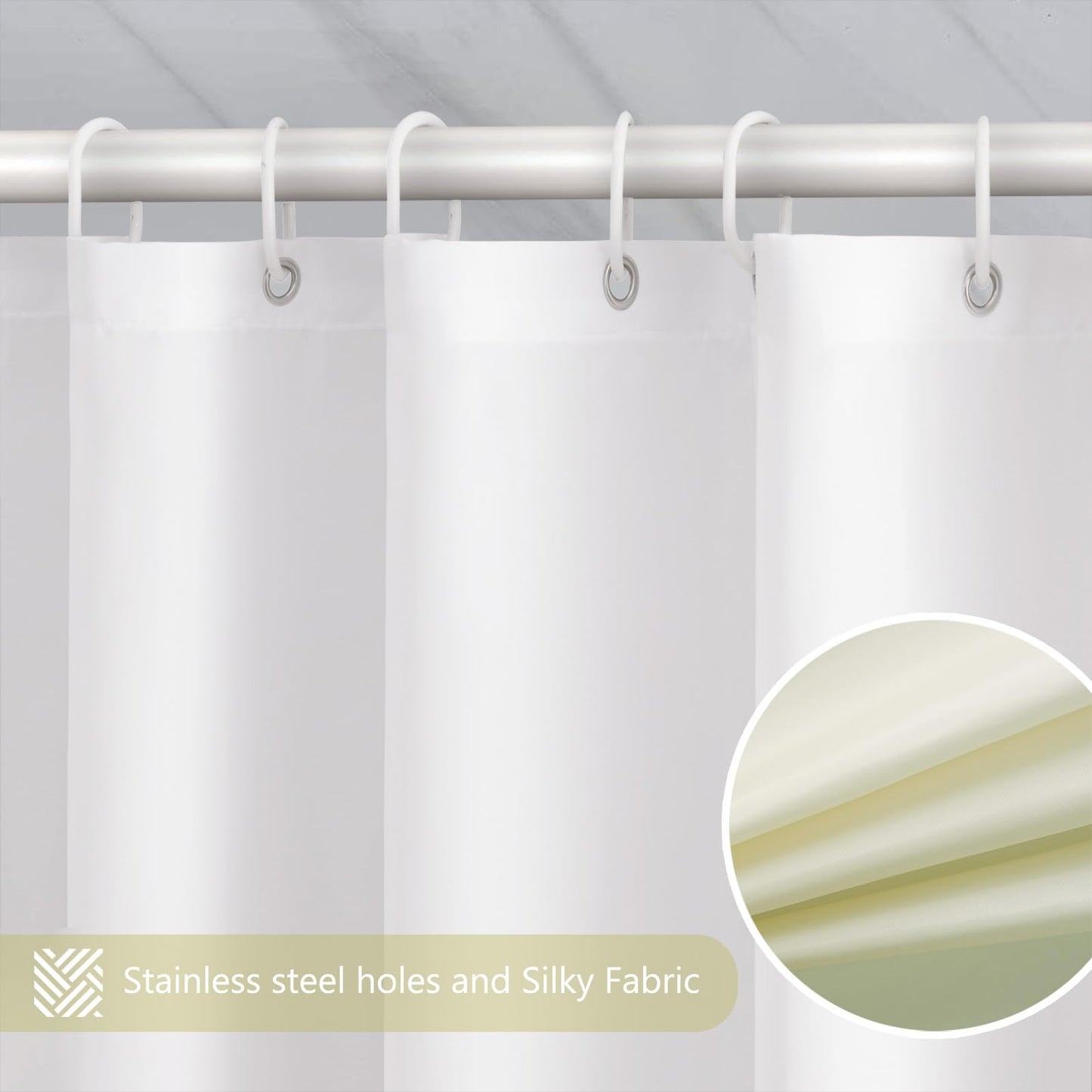 Furlinic Shower Curtain 180x200cm Fabric curtains Waterproof Anti-mold Washable Bathroom Curtain for Bath in Bathtub White to Light Taupe with 12 Shower Rings.