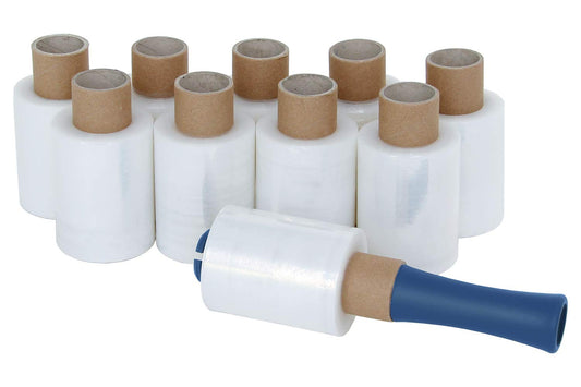 10 rolls of mini stretch film + dispenser. Hand stretch film transparent 100mm 23µm with 150m (0.015 Euro/m)