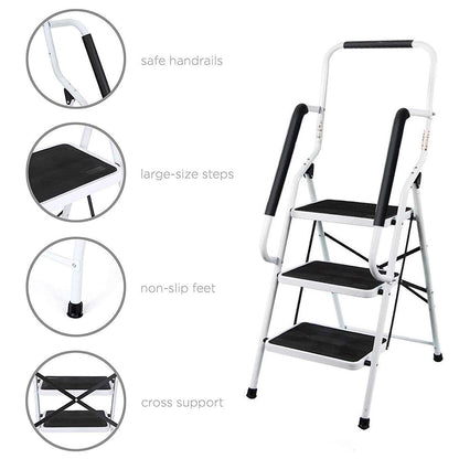3-step step ladder with handrail Foldable Safety Non-slip Lightweight 8.5 kg for home office warehouse Maximum load capacity 150 kg