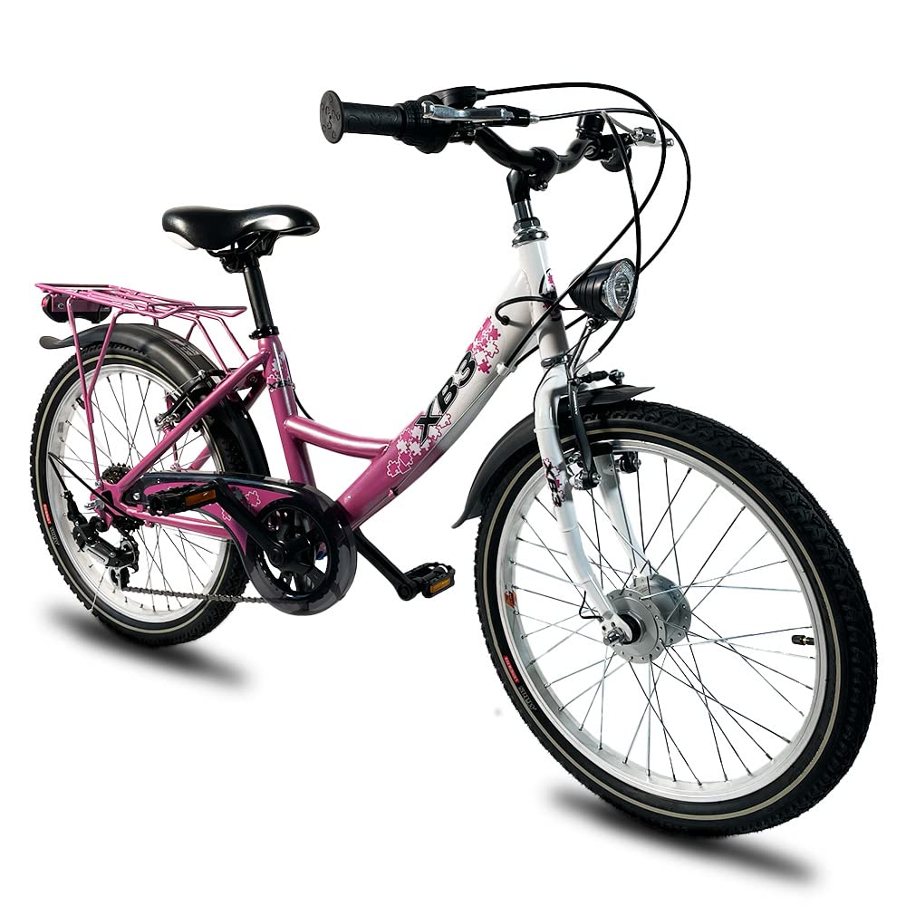 XB3 20 inch girls' bike with 6-speed gears, StVZO-approved hub dynamo, LED light, and standing light (pink)