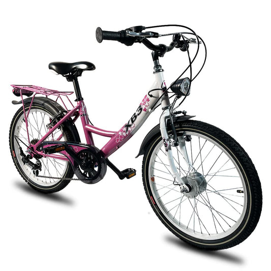 XB3 20 inch girls' bike with 6-speed gears, StVZO-approved hub dynamo, LED light, and standing light (pink)