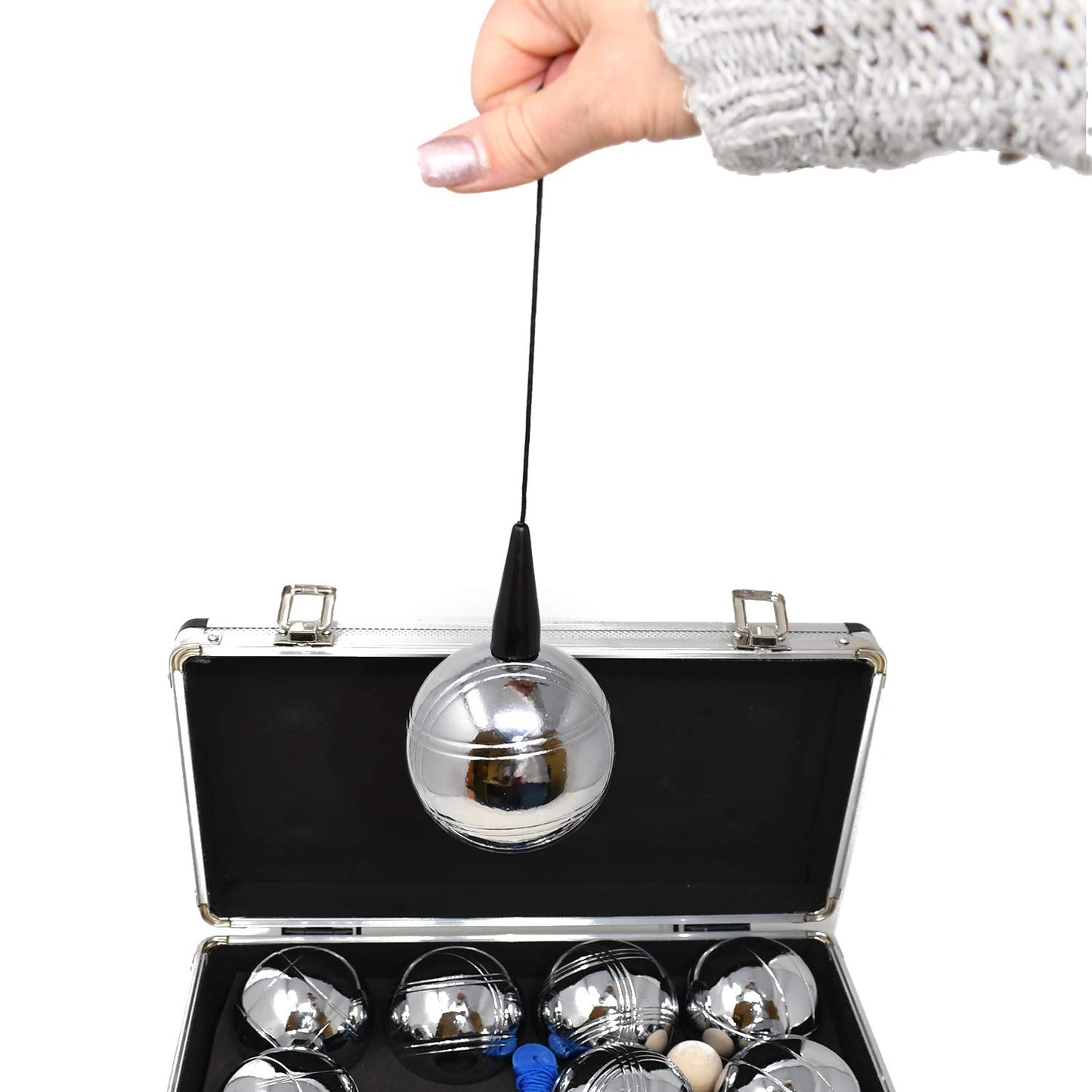 Big Game Hunters Premium 8 Ball Boules/Petanque Set for 4 players with rust protection in a high-quality metal box.