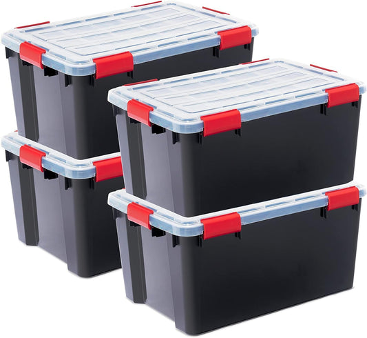 Iris Ohyama airtight plastic storage boxes with lids, 50L, set of 4, black, hermetic watertight seal, sturdy snap closures, stackable, dust protection, BPA-free, DDAT-L