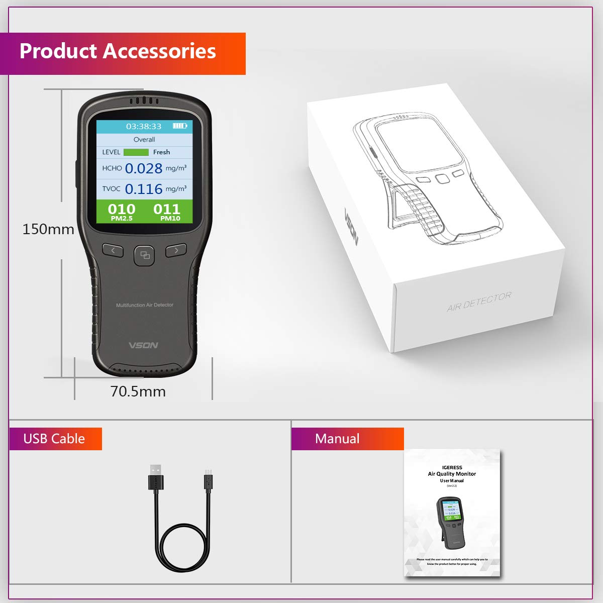 Air quality monitor, formaldehyde detector, PM air quality monitor with temperature and humidity for laboratory/office/car.