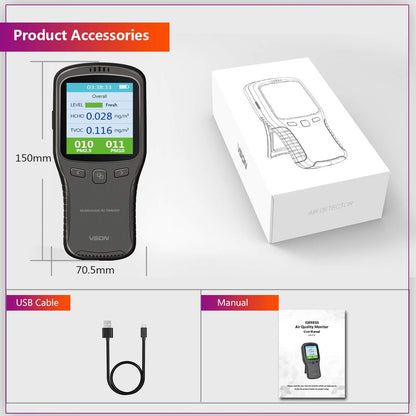 Air quality monitor, formaldehyde detector, PM air quality monitor with temperature and humidity for laboratory/office/car.