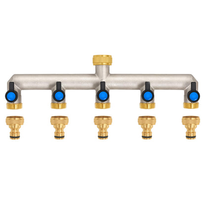 5-way water tap water distributor made of brass for 5 devices/garden hoses, 5-way distributor 3/4" adapter 1/2" with ball valve for adjusting and shutting off water flow.