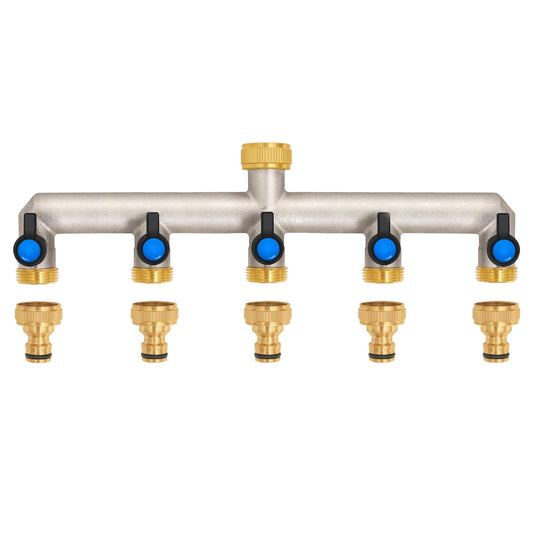5-way water tap water distributor made of brass for 5 devices/garden hoses, 5-way distributor 3/4" adapter 1/2" with ball valve for adjusting and shutting off water flow.