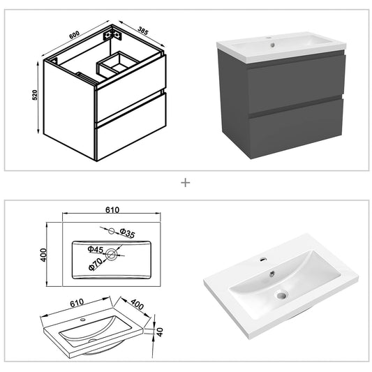 Vanity unit with cabinet 60 cm bathroom furniture set with washbasin mineral cast guest WC anthracite matt