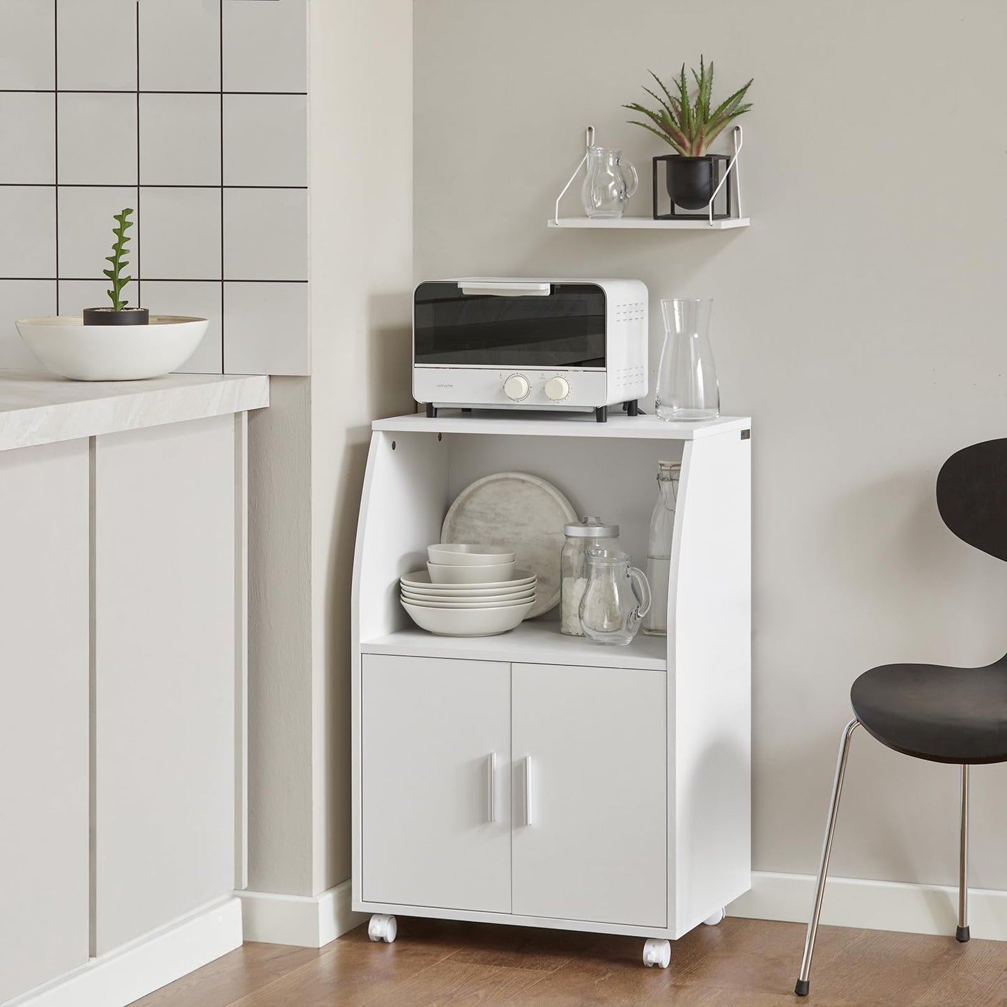 SoBuy Kitchen Trolley with Worktop, Mobile Serving Trolley with Drawer, Microwave Cabinet on Wheels, White Kitchen Cabinet Trolley for Small Kitchens, Office, or Dining Room. 92x59x40cm FRG241-W.