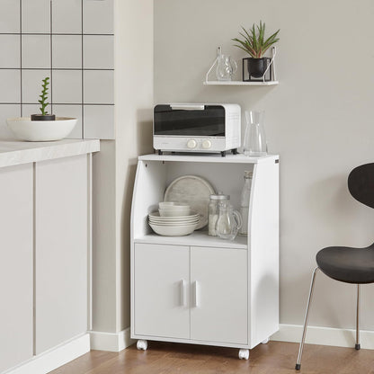 SoBuy Kitchen Trolley with Worktop, Mobile Serving Trolley with Drawer, Microwave Cabinet on Wheels, White Kitchen Cabinet Trolley for Small Kitchens, Office, or Dining Room. 92x59x40cm FRG241-W.