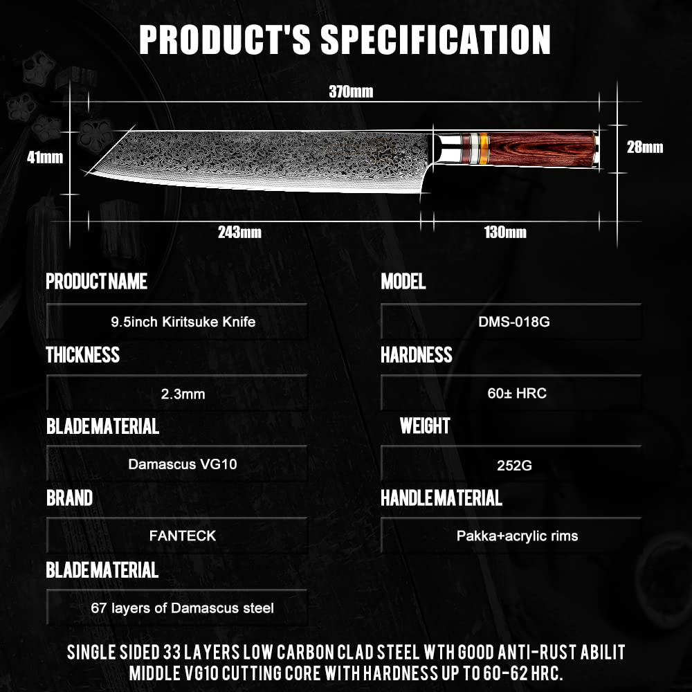 FANTECK 24cm Kiritsuke Damascus Knife Chef Knife Sharp Professional Chefmade Meat Fruit Gyuto Utility Knife 67 Layers VG-10 Damascus Steel Kitchen Knife [Gift Box] with Ergonomic Pakkawood Handle