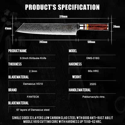 FANTECK 24cm Kiritsuke Damascus Knife Chef Knife Sharp Professional Chefmade Meat Fruit Gyuto Utility Knife 67 Layers VG-10 Damascus Steel Kitchen Knife [Gift Box] with Ergonomic Pakkawood Handle