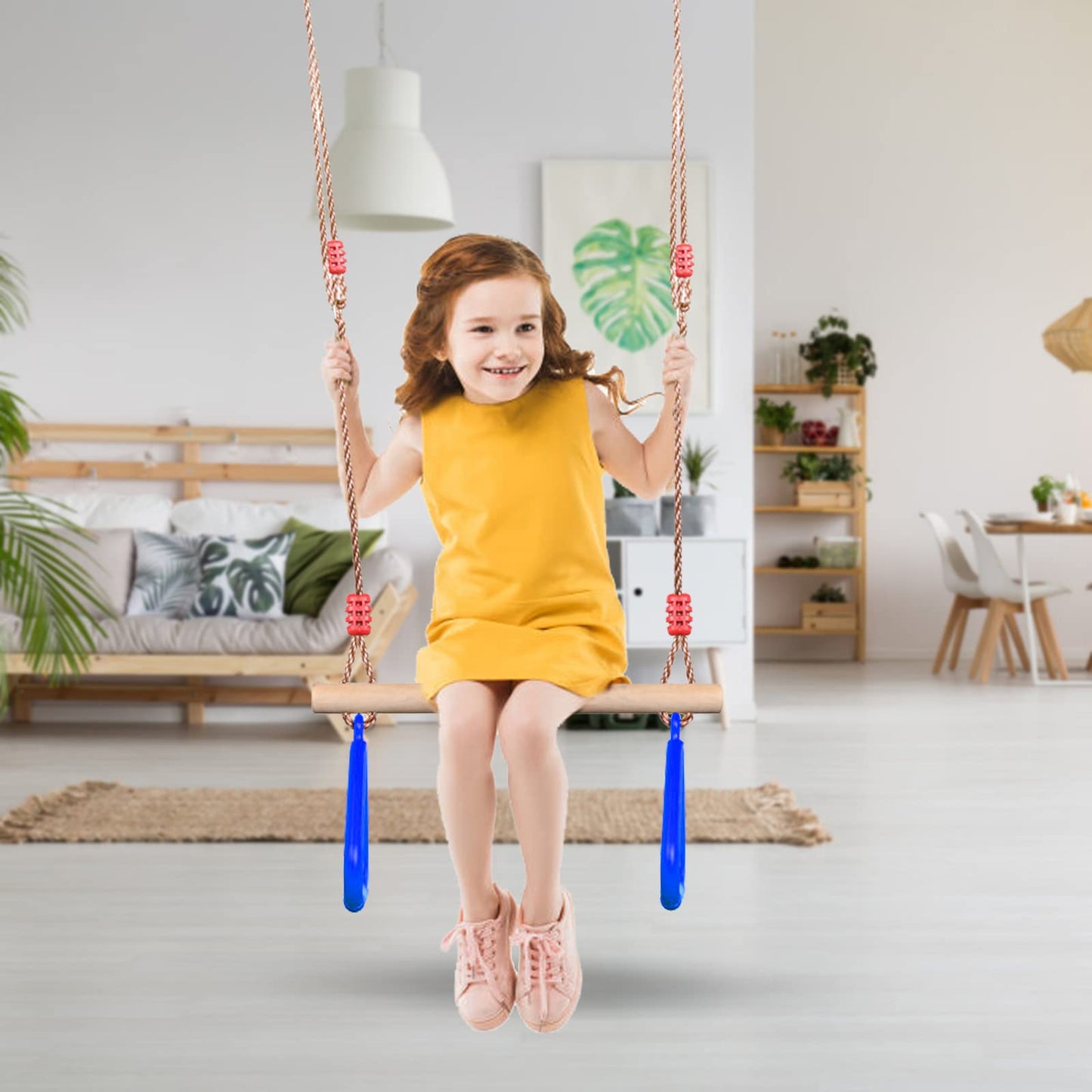 PELLOR Multifunctional Children's Wooden Trapeze Swing with Plastic Gymnastic Rings for Hanging, holds up to 160KG