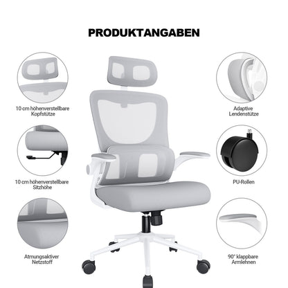 BASETBL Ergonomic office chair with lumbar support and headrest, ergonomic desk chair with folding armrests, swivel chair, PC chair with height adjustment and rocking function, Gray