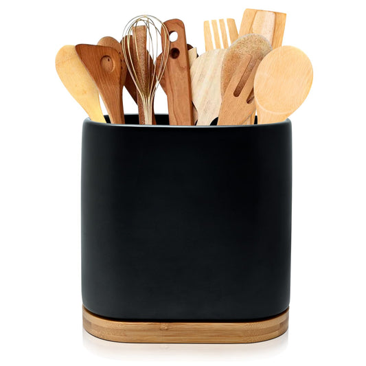 VIREESR Large ceramic countertop utensil holder, kitchen utensil holder with bamboo wood base, cooking utensil holder, easy to clean, tool pot, kitchen tool holder for spatulas and.