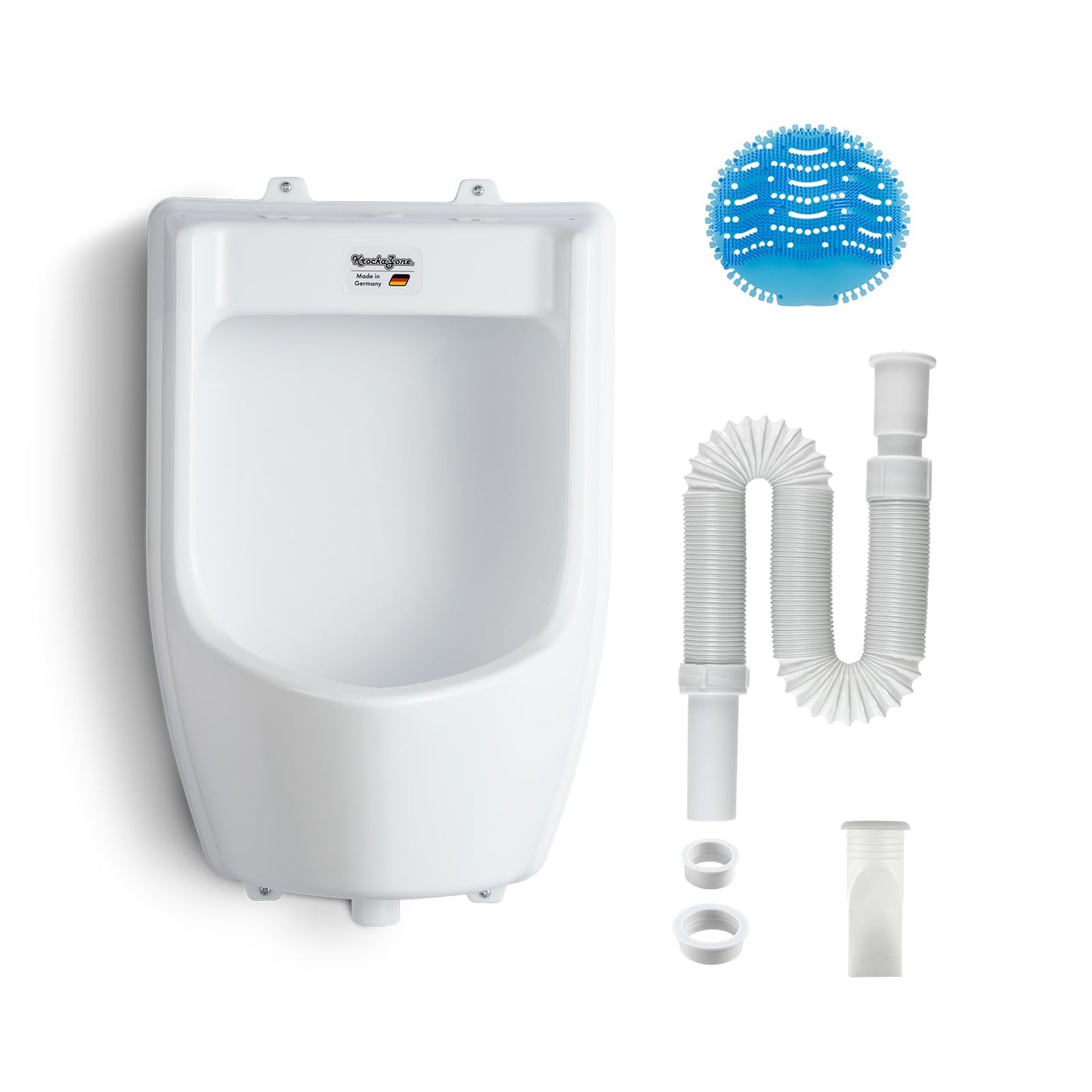 Plastic urinal with hose, urinal strainer & accessories - men's toilet set stand-up toilet, plastic wall pisuar for garden toilet house, camping, construction site - white PVC