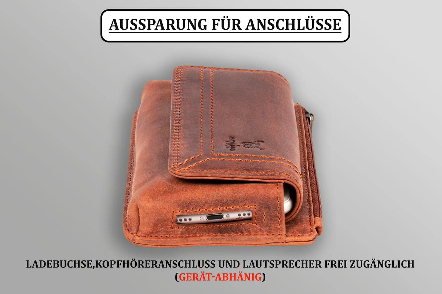 MATADOR 2in1 genuine leather phone case belt with zippered pocket #Brisbane, with elegant gift box and RFID protection, Elegant leather phone belt for smartphones up to 6.9 inches in Brown Vintage.