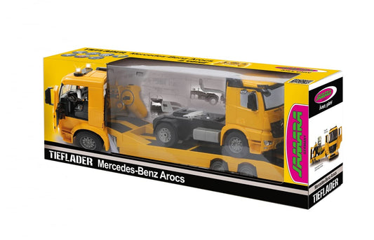 Jamara 405107 - Low loader Mercedes Arocs 1:20 2.4GHz - Coupling and uncoupling low loader, low loader support + ramp up/down, horn, reverse alarm sound, realistic engine sound, 2 speed levels, Yellow