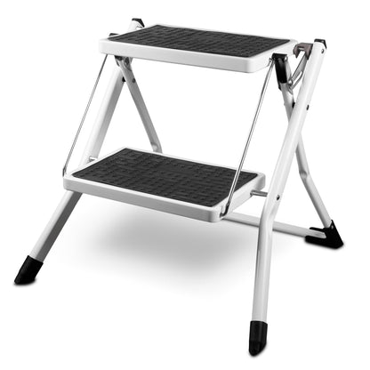 siwitec Mini Folding Step Stool 2 Steps, Foldable Ladder, Step Stool Supports up to 150 kg, Stepladder with Extra Wide Steps, Household Ladder in White Made of Steel, TÜV/GS Certified