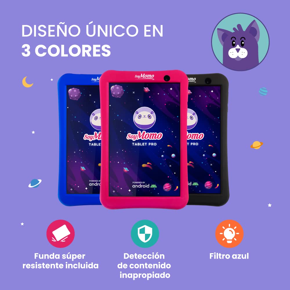 SoyMomo - Children's tablet - Parental control and cyberbullying detection, Google Play Store, School mode, Pink silicone protective case, 8" FHD, 32 GB, WiFi, Bluetooth.