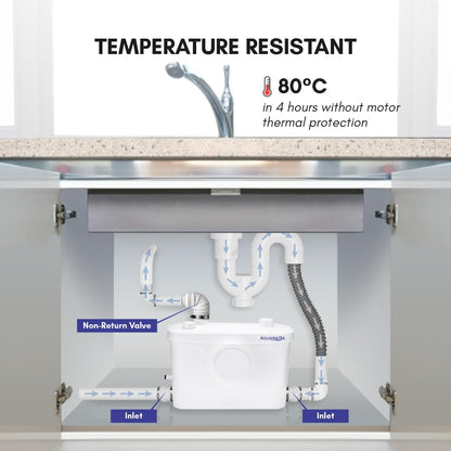 Aquamatix lifting station 400W Sanitary waste pump 100L/min 6.5m vertical discharge distance with 3 inlets for toilet, sink, and bathtub with charcoal filter.
