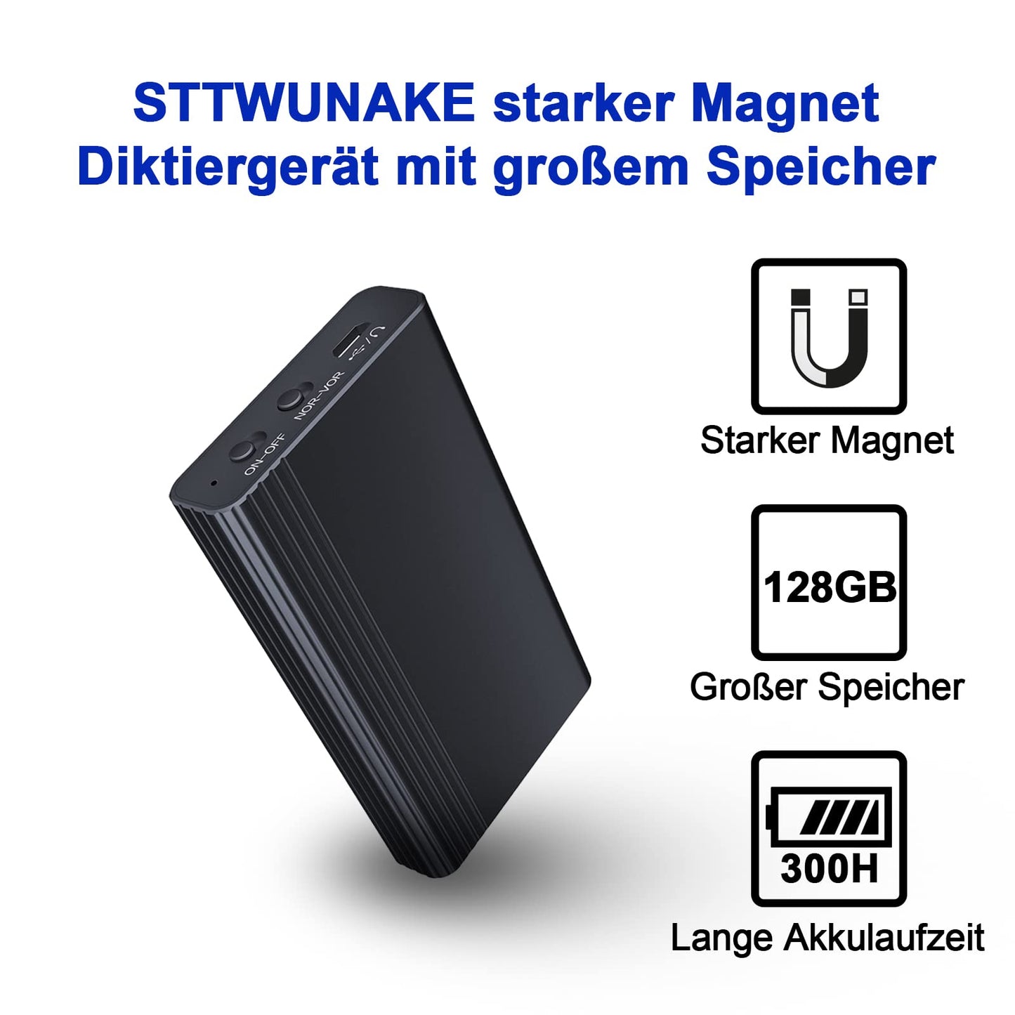 128GB Built-in Magnet Dictaphone Mini, 2000 hours of storage capacity, continuous recording for 12 days, Digital Recording Device, Voice Recorder STTWUNAKE.