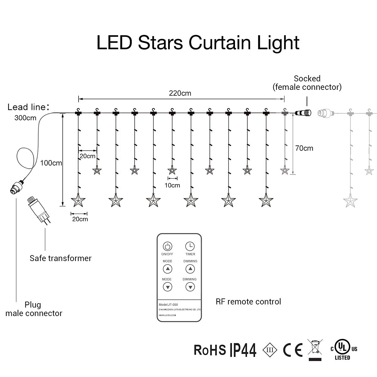 GlobaLink LED light curtain with 12 stars 108 LED starry sky curtain starlight with remote control and timer 8 modes waterproof IP44 for indoor and outdoor decoration wedding party celebrations- Warm white