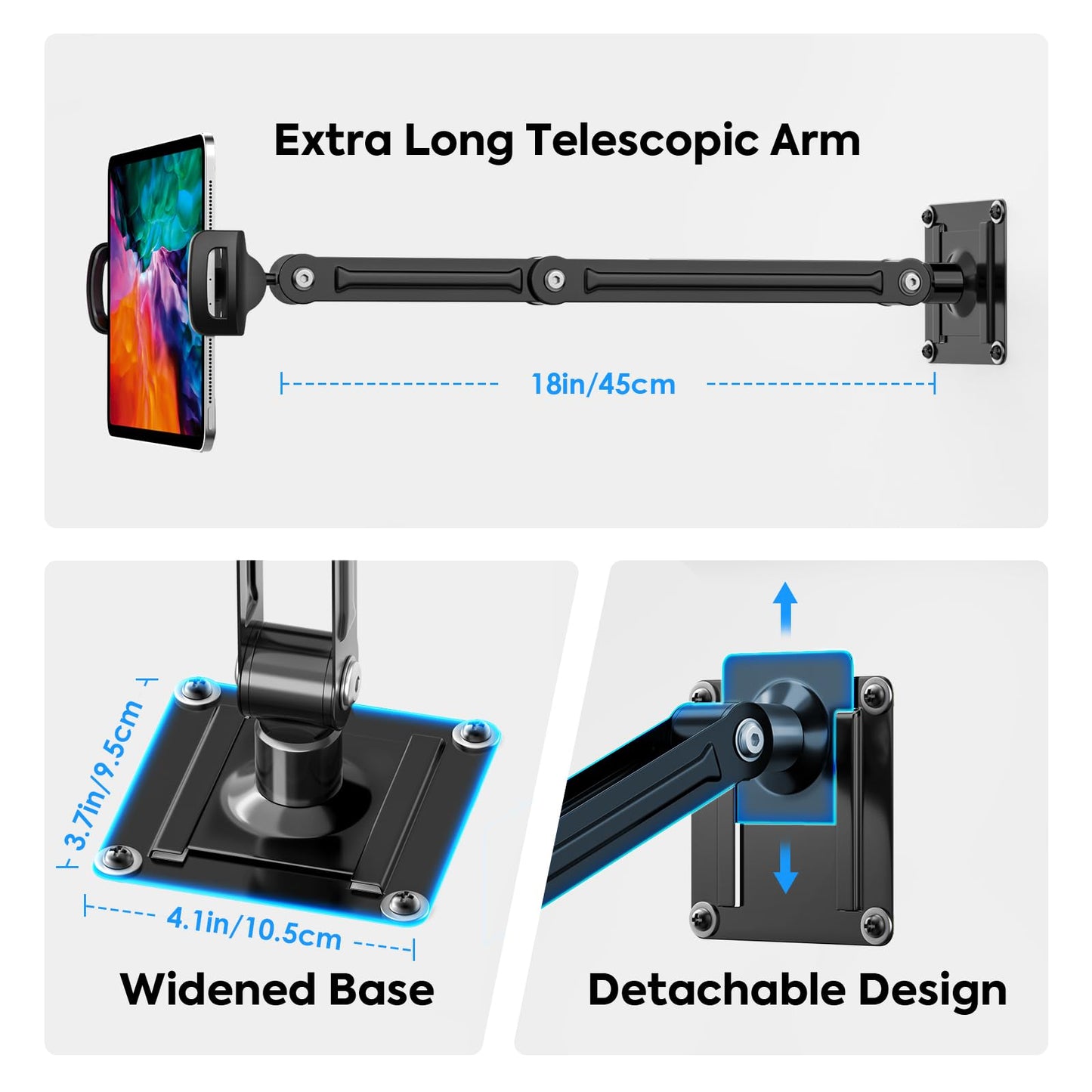MoKo Universal Tablet Wall Mount, 360° Adjustable iPad Wall Mount for 4.7"-14'' Phones and Tablets, Expandable & Foldable Tablet Holder Wall made of Aluminum for Kitchen/Gym/Office, Black