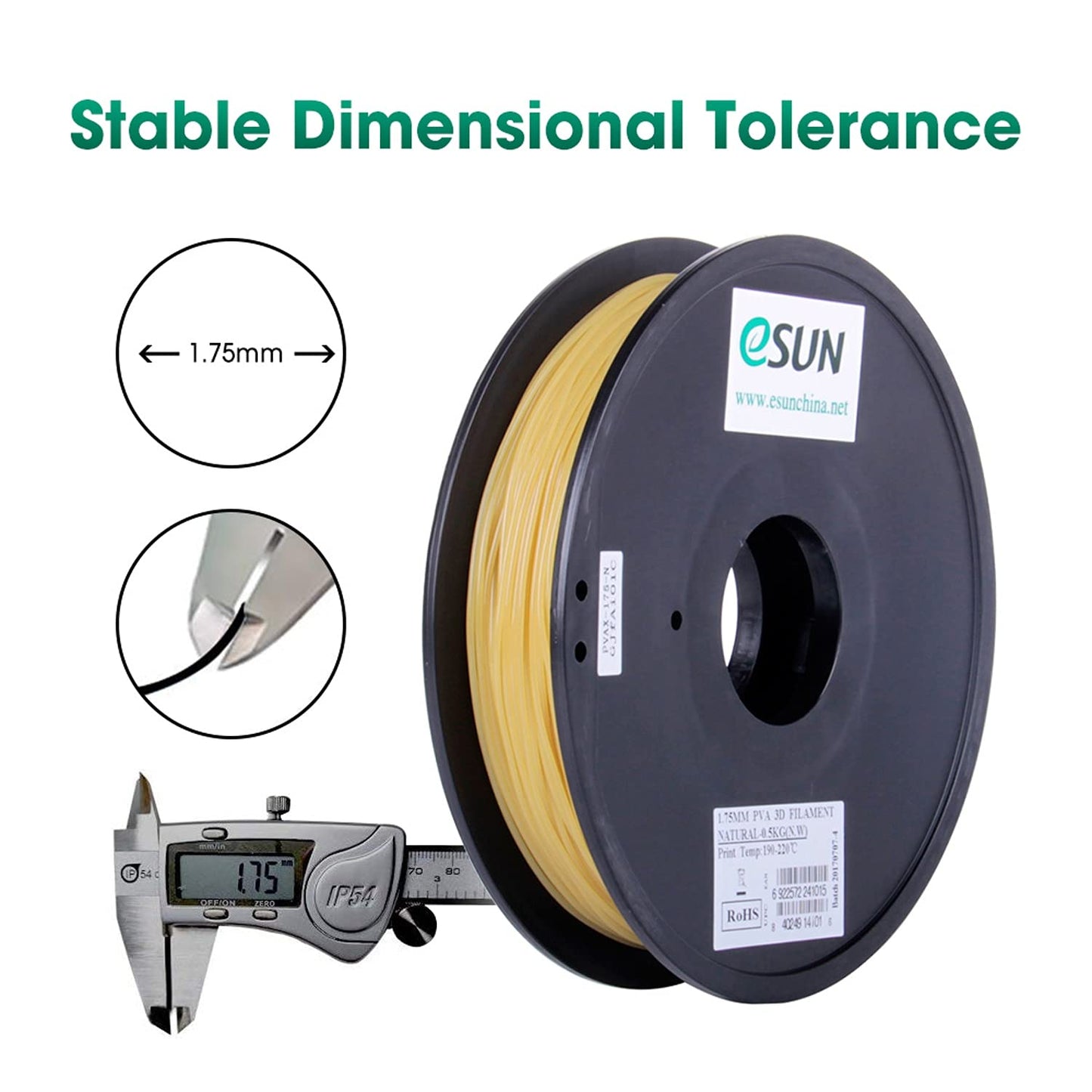 eSUN water-soluble PVA filament 1.75mm, 3D printer PVA filament, dimensional accuracy +/- 0.05mm, 0.5kg spool (1.1 LBS) support material for 3D printers, natural color