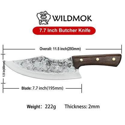 WILDMOK Hand-forged Butcher Knife 19.5cm Meat and Vegetable Cleaver made of Carbon Steel Full Tang Chef's Knife for Kitchen, Camping, and BBQ.