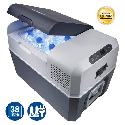 Mobicool FR40 compressor cooler with 38 liter capacity, 12/24 V and 230 V, mini fridge for car, truck, boat, camper, and socket.