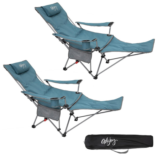 #WEJOY 2-in-1 camping chair with footrest, padded recliner with adjustable backrest, lounge chair with cup holder, perfect for outdoor camping in cyan color. Set includes 2 chairs.