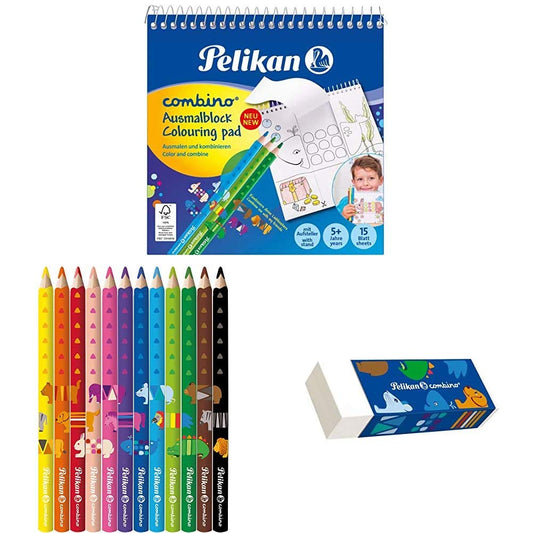 Pelikan 811231 Coloring Pad Combino (with animal motifs, 15x15 cm) 1 piece + Combino set with 12 colored pencils and 1 writing pencil in a metal case + Combino eraser, 1 piece