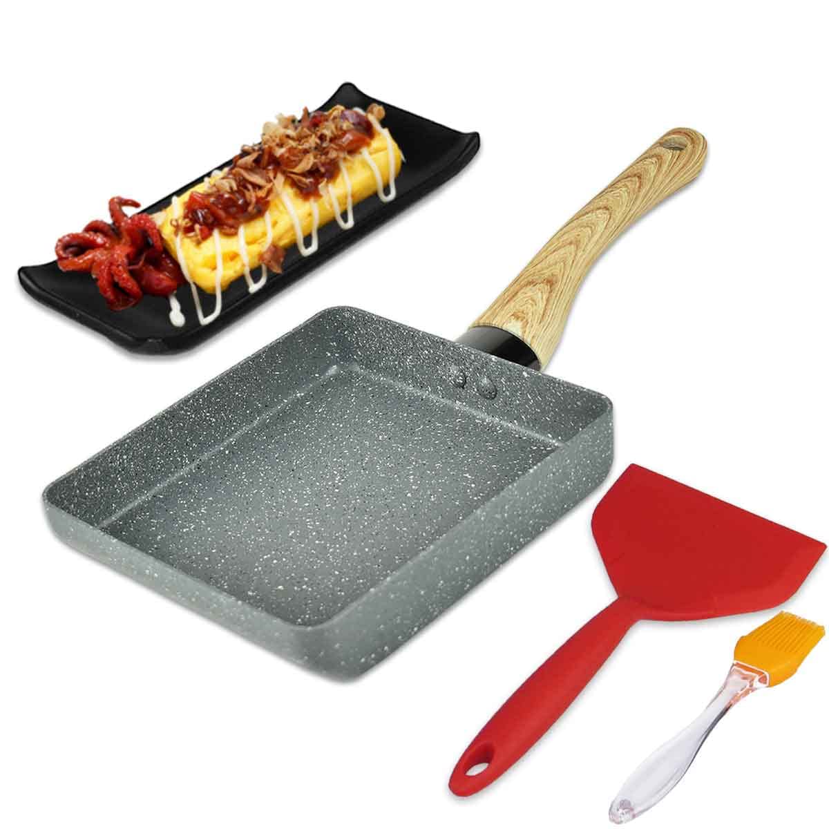 Artcome Japanese omelette pan with non-stick coating. Includes tamagoyaki plate, silicone spatula, and brush. Available in gray.