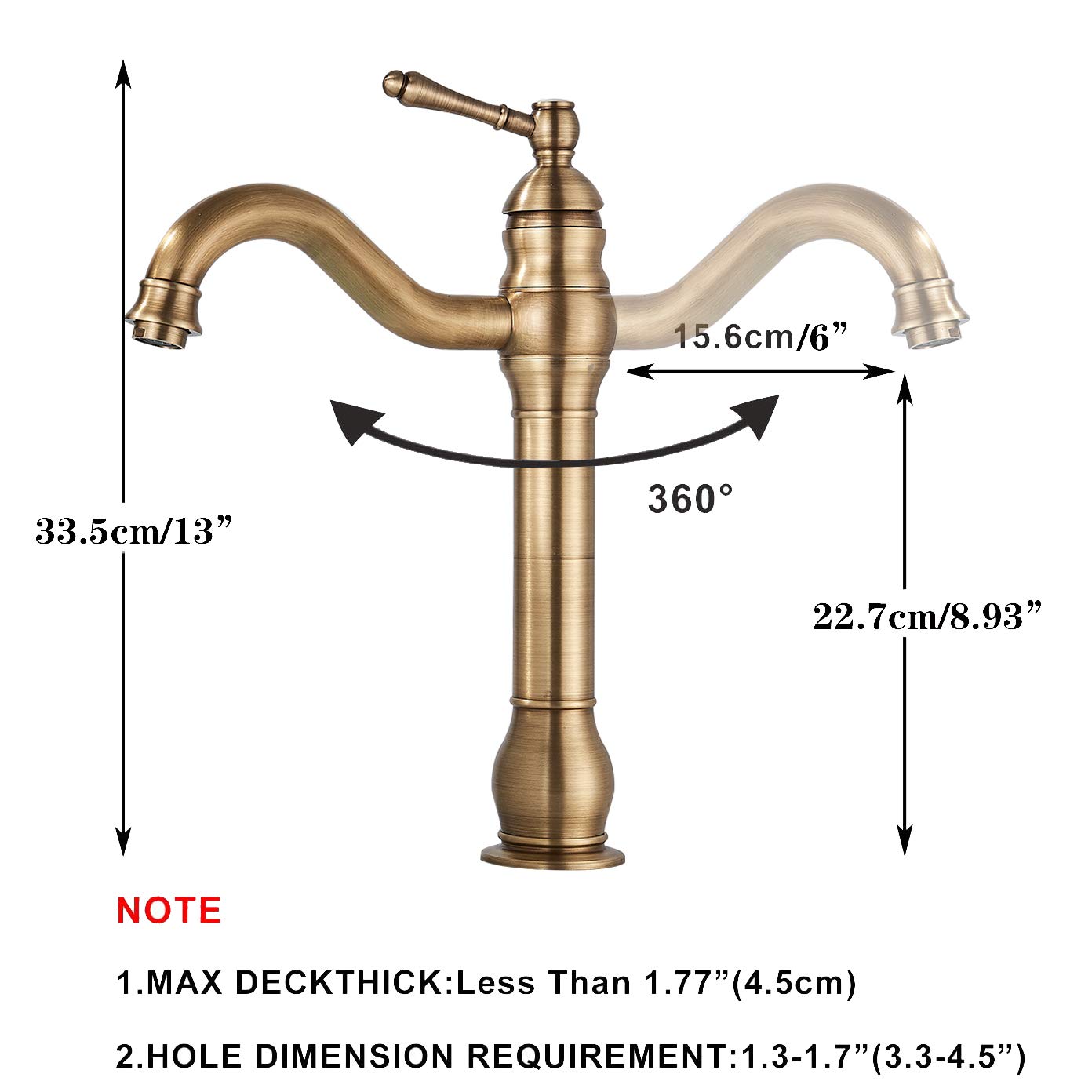 Rozin Bathroom Faucet Antique Brass Retro High Bathroom Faucet 360° Rotatable Single Handle Basin Faucet Brass Bathroom Faucet for Bathroom