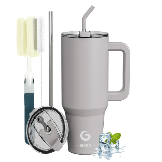 BIGRD 1.13 liter coffee mug to go, thermal mug, vacuum insulated double-walled leak-proof drinking bottle with straws & handle, BPA-free, travel mug for cold and hot (Ash)